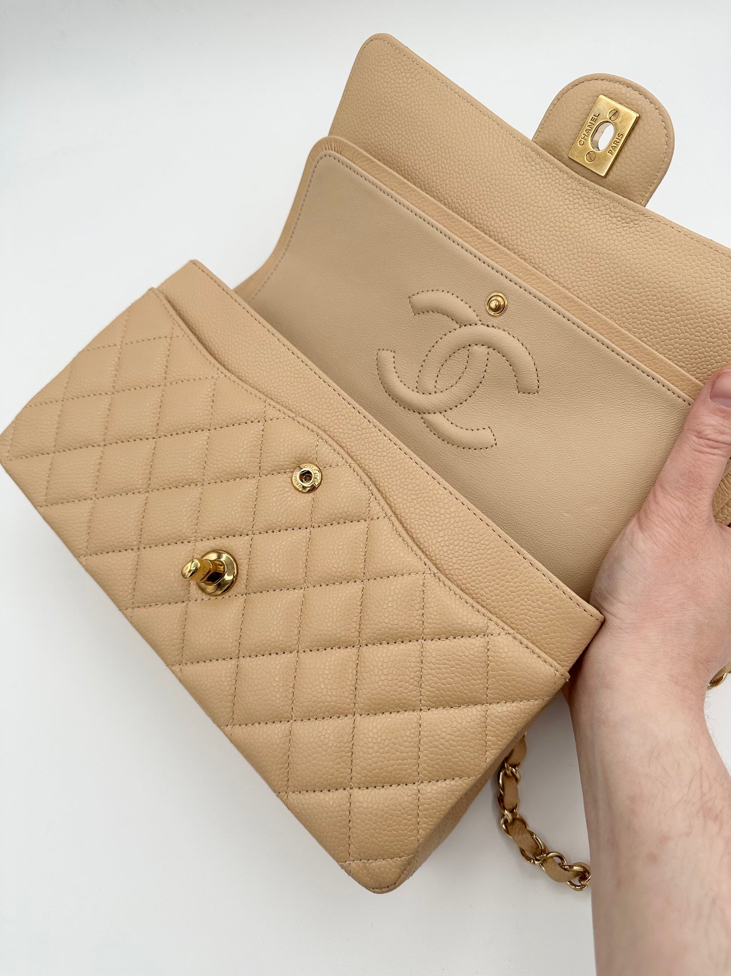 CHANEL Beige Medium Double Flap GHW