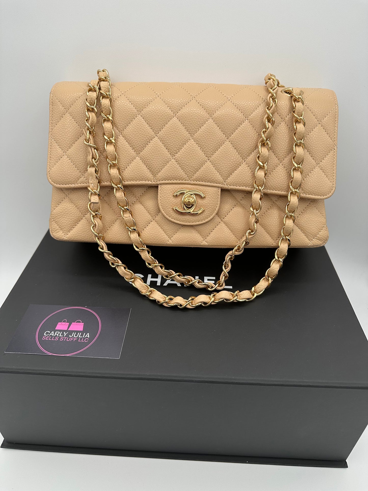 CHANEL Beige Medium Double Flap GHW