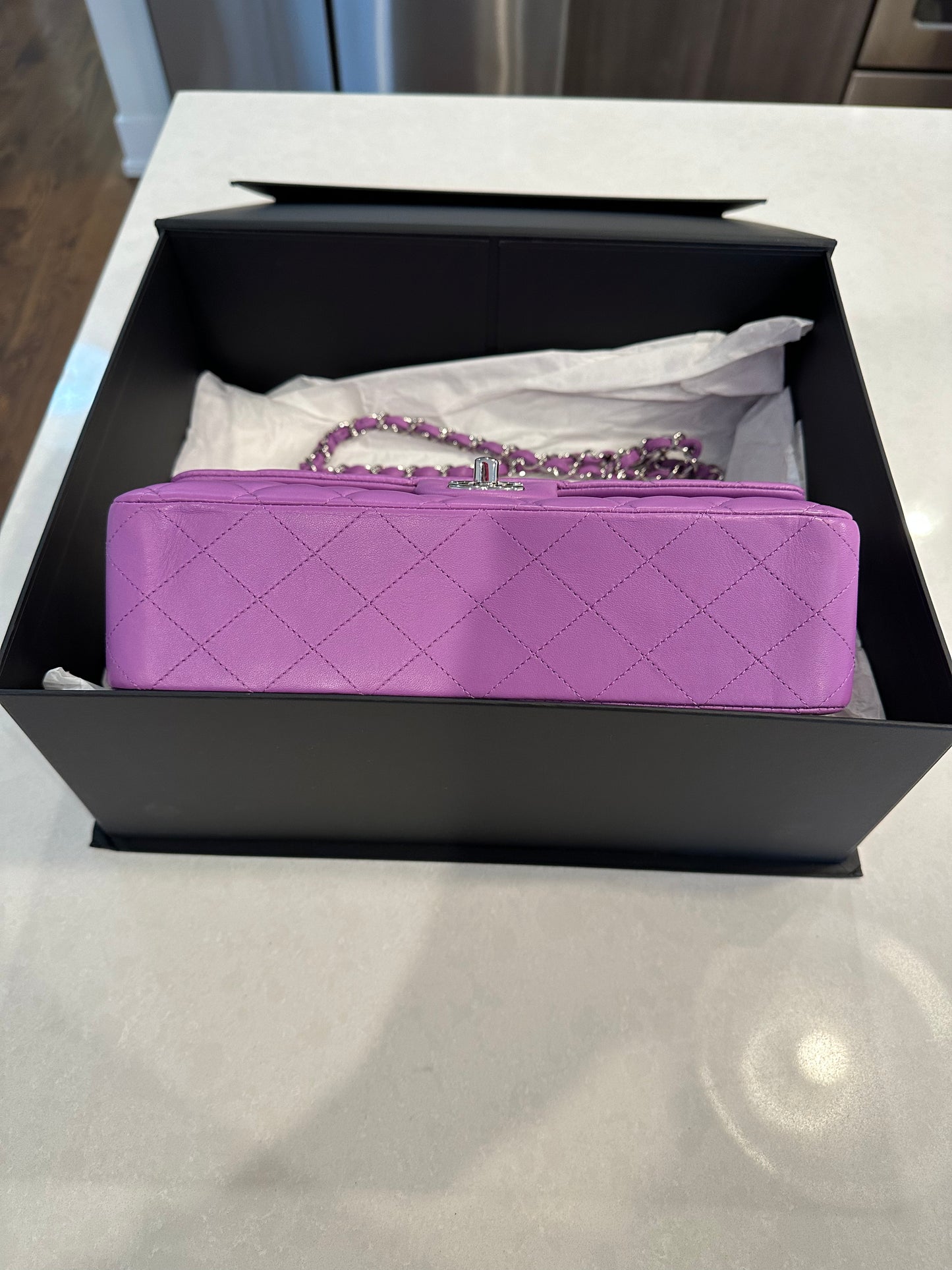 CHANEL Purple Lambskin Medium Double Flap
