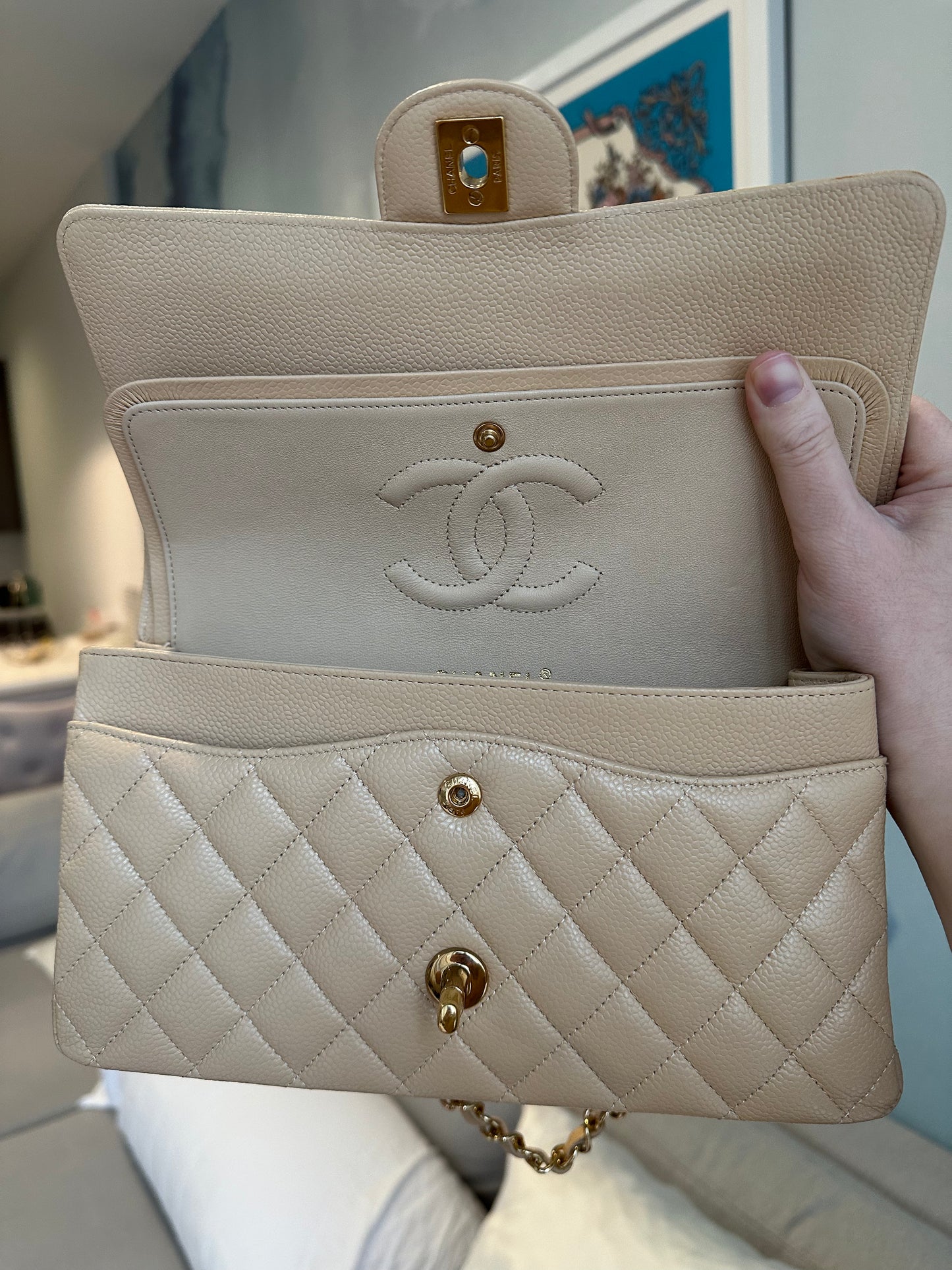 CHANEL Beige Medium Double Flap GHW