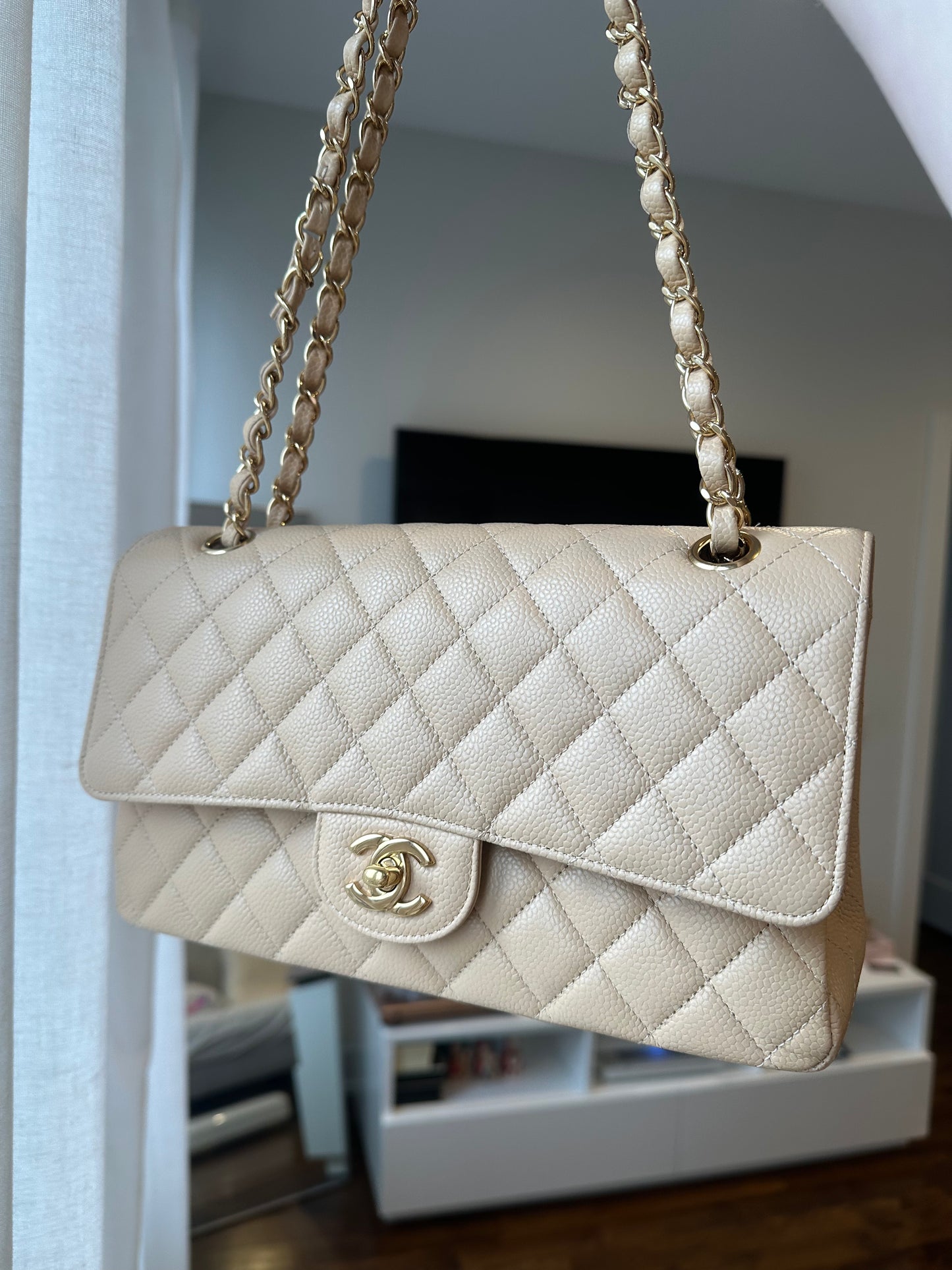 CHANEL Beige Medium Double Flap GHW