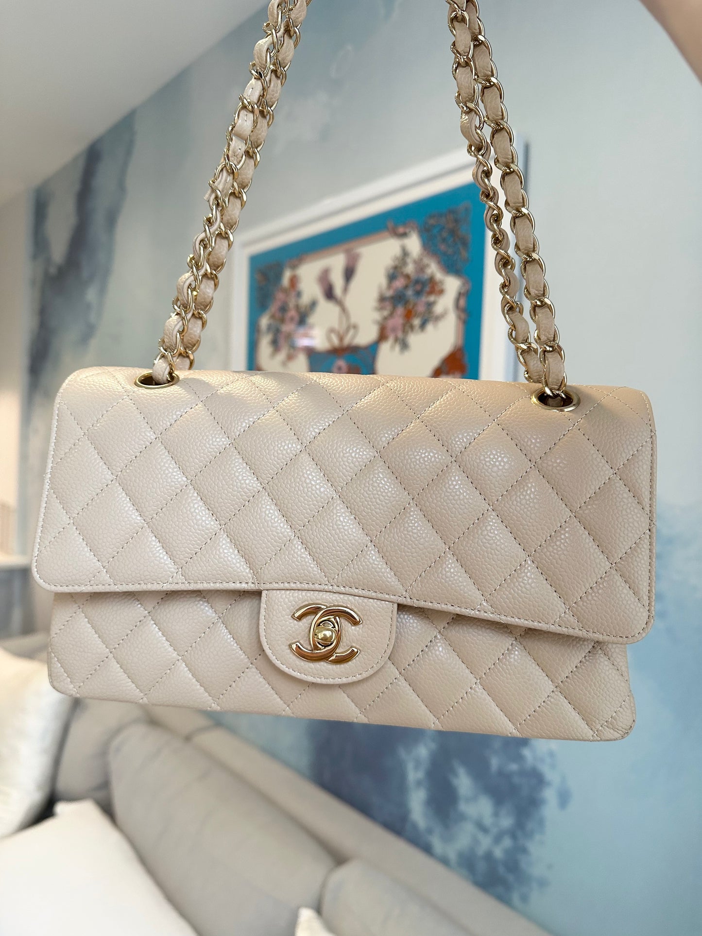 CHANEL Beige Medium Double Flap GHW