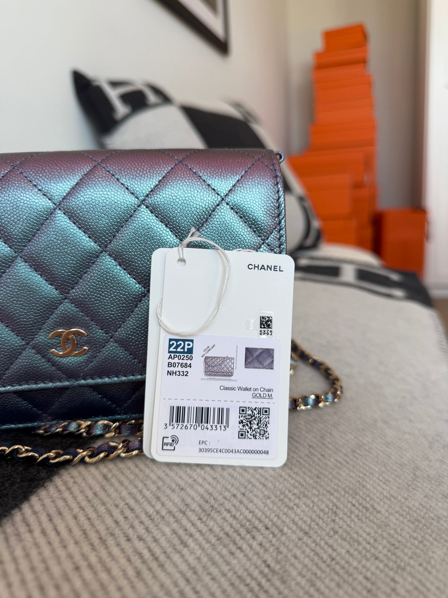 CHANEL 22P Iridescent Caviar Quilted Wallet on Chain WOC Purple & Blue - Carly Julia Sells Stuff, LLC
