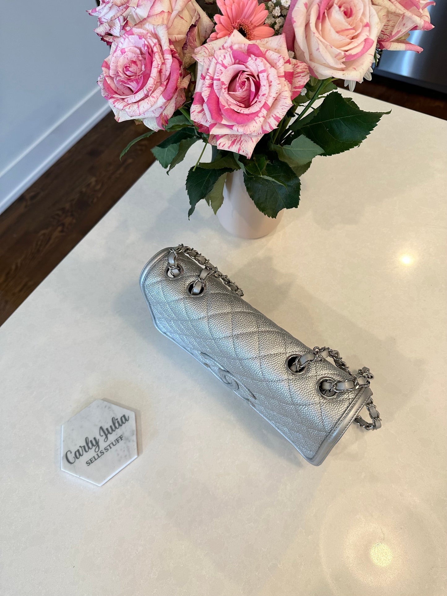 CHANEL Silver Caviar Medium Filigree Flap - Carly Julia Sells Stuff, LLC