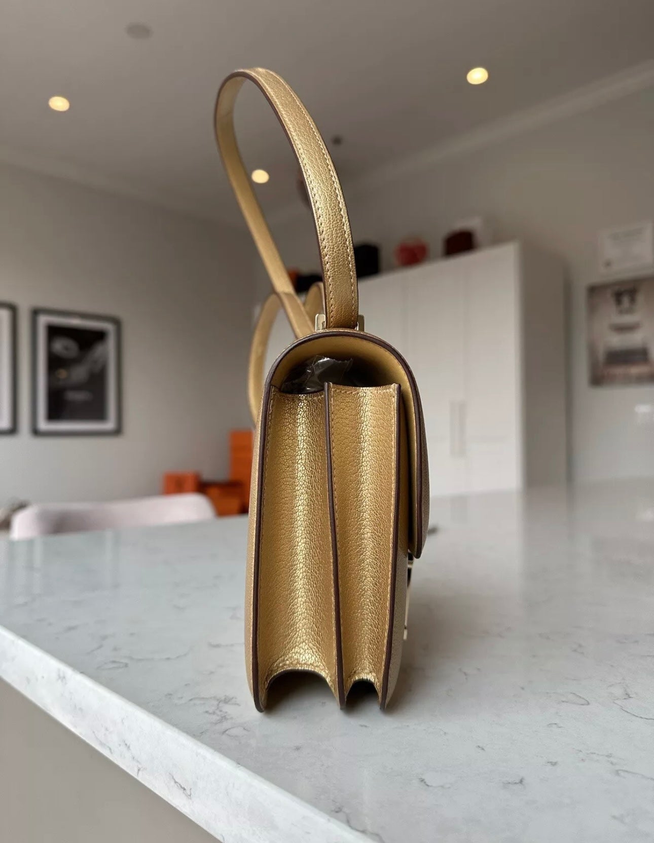 Hermes Dore Chèvre Chamkilight Metallic Mini Constance 18 Permabrass Hardware - Carly Julia Sells Stuff, LLC