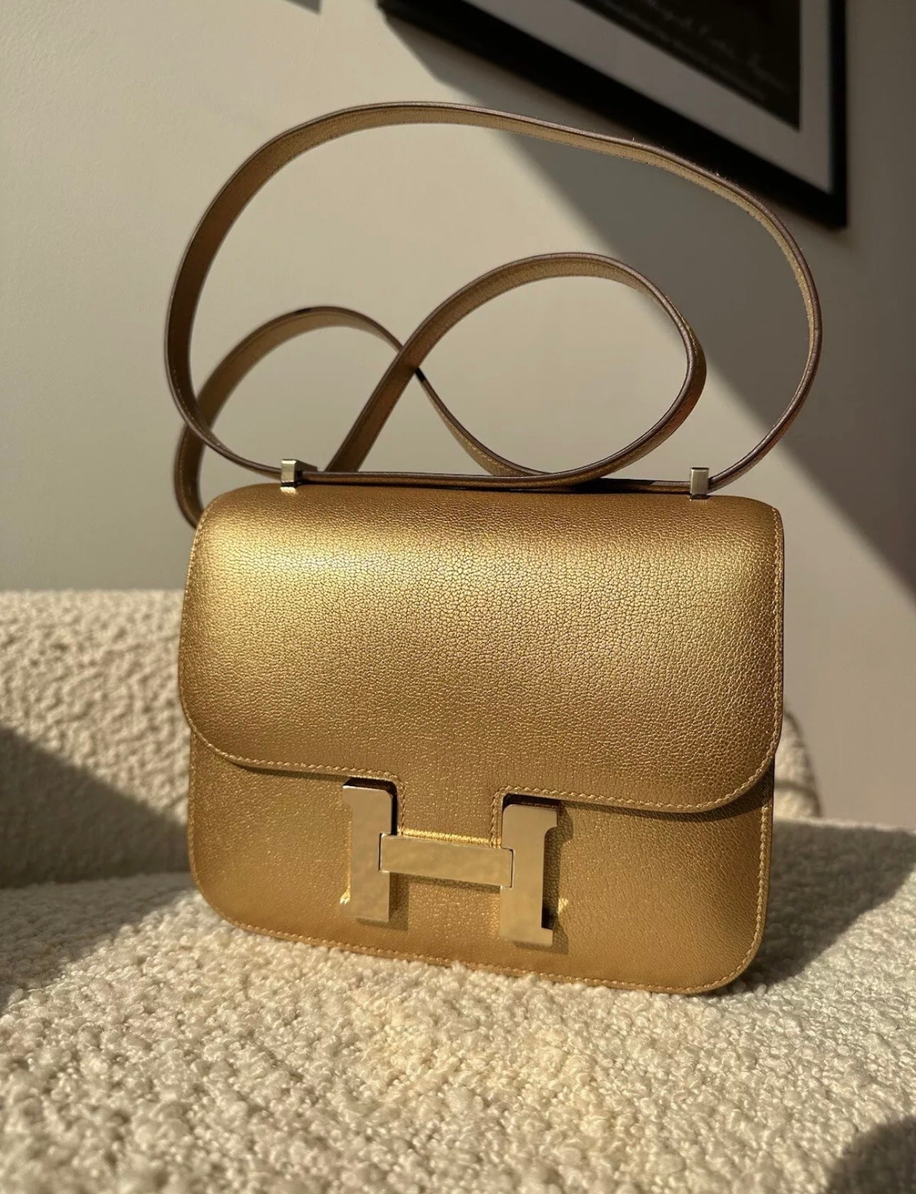 Hermes Dore Chèvre Chamkilight Metallic Mini Constance 18 Permabrass Hardware - Carly Julia Sells Stuff, LLC