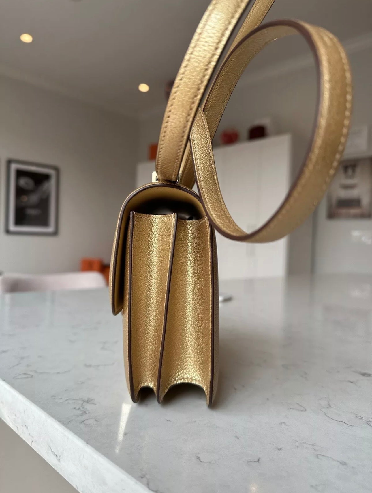 Hermes Dore Chèvre Chamkilight Metallic Mini Constance 18 Permabrass Hardware - Carly Julia Sells Stuff, LLC
