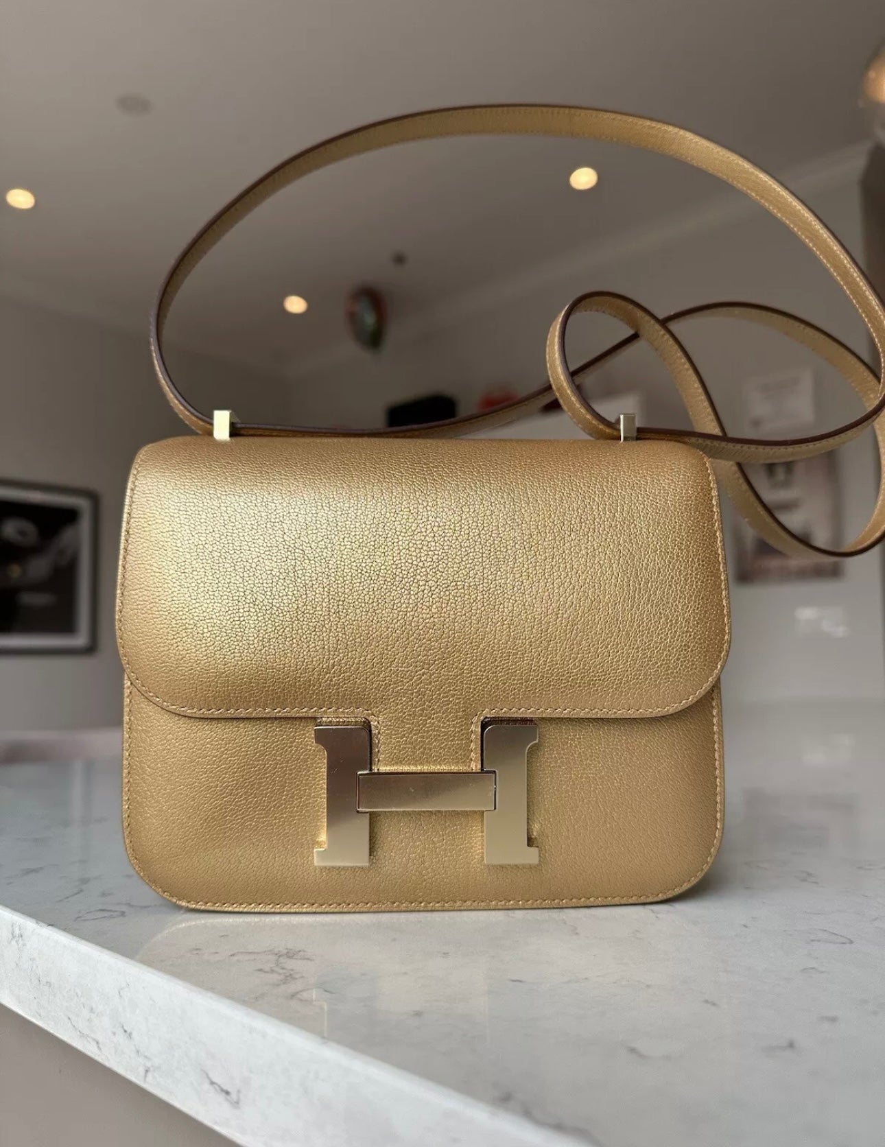 Hermes Dore Chèvre Chamkilight Metallic Mini Constance 18 Permabrass Hardware - Carly Julia Sells Stuff, LLC