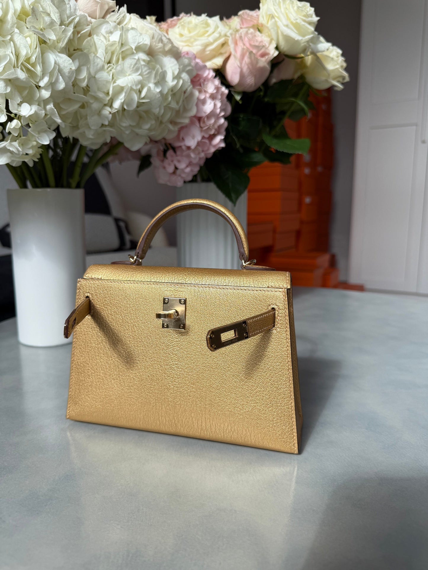Hermes Metallic Chevre Chamkilight Mini Kelly Sellier 20 Dore PBHW - Carly Julia Sells Stuff, LLC