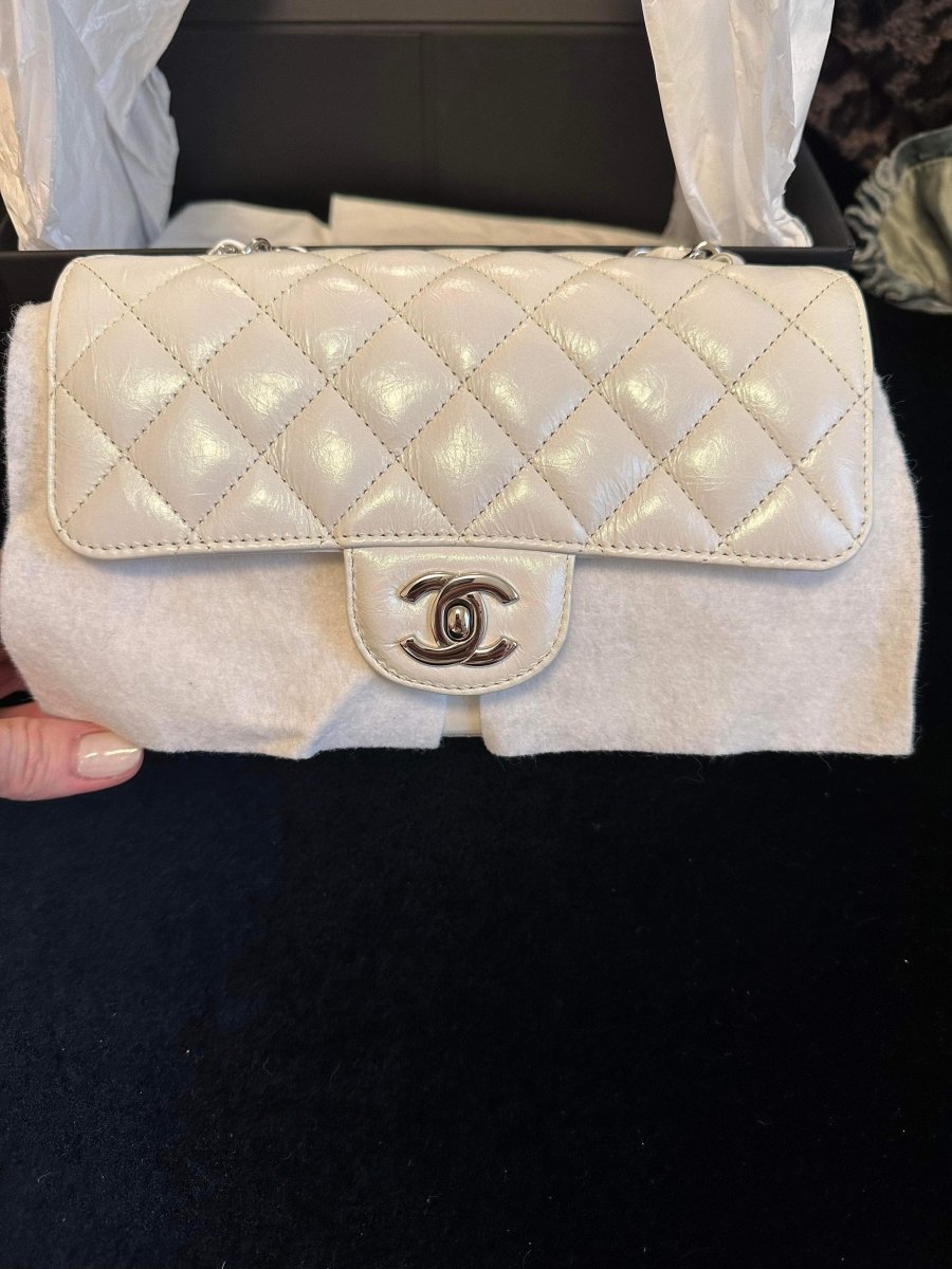 CHANEL 21K Mini Rectangle White Crumpled Iridescent Calfskin - Carly Julia Sells Stuff, LLC