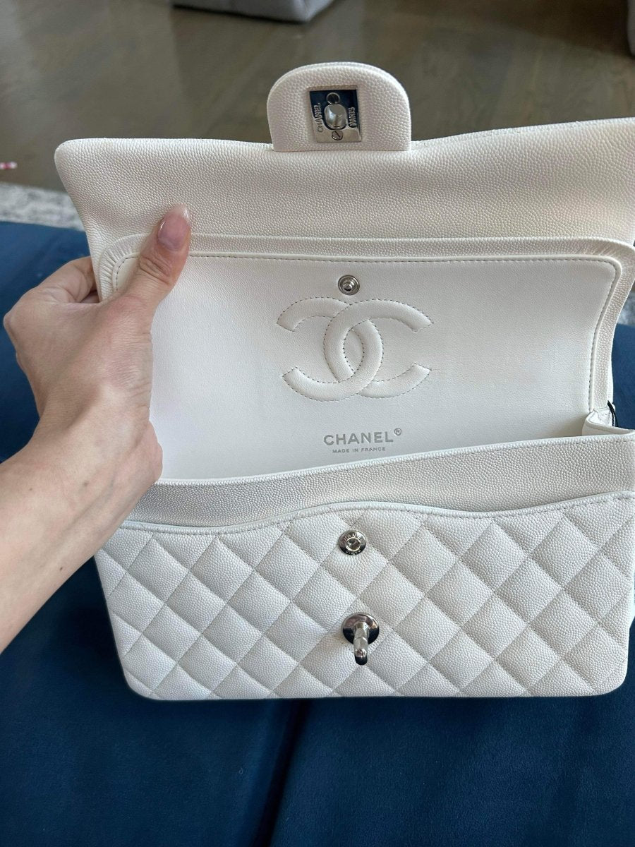 CHANEL 21K White Caviar Medium Double Flap Silver Hardware - Carly Julia Sells Stuff, LLC