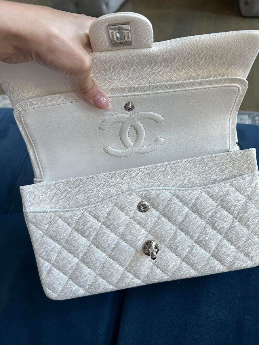 CHANEL 21K White Caviar Medium Double Flap Silver Hardware - Carly Julia Sells Stuff, LLC