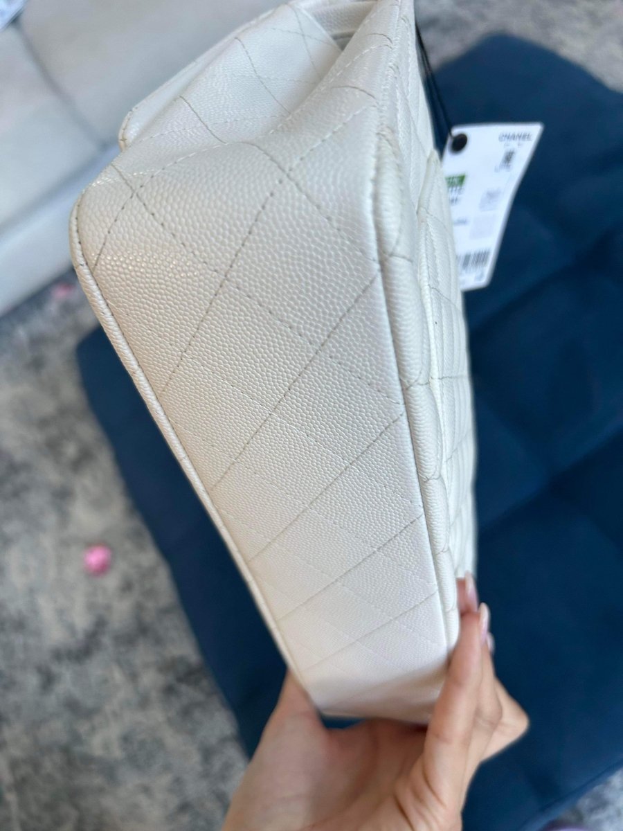 CHANEL 21K White Caviar Medium Double Flap Silver Hardware - Carly Julia Sells Stuff, LLC