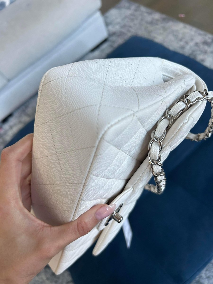 CHANEL 21K White Caviar Medium Double Flap Silver Hardware - Carly Julia Sells Stuff, LLC