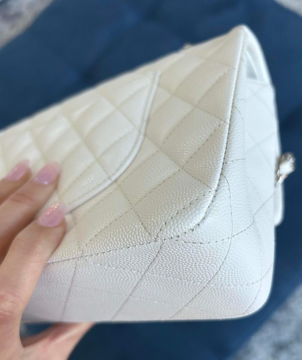 CHANEL 21K White Caviar Medium Double Flap Silver Hardware - Carly Julia Sells Stuff, LLC