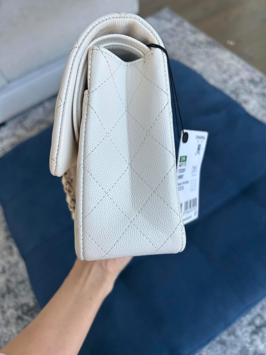 CHANEL 21K White Caviar Medium Double Flap Silver Hardware - Carly Julia Sells Stuff, LLC