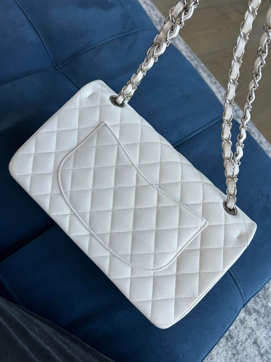 CHANEL 21K White Caviar Medium Double Flap Silver Hardware - Carly Julia Sells Stuff, LLC