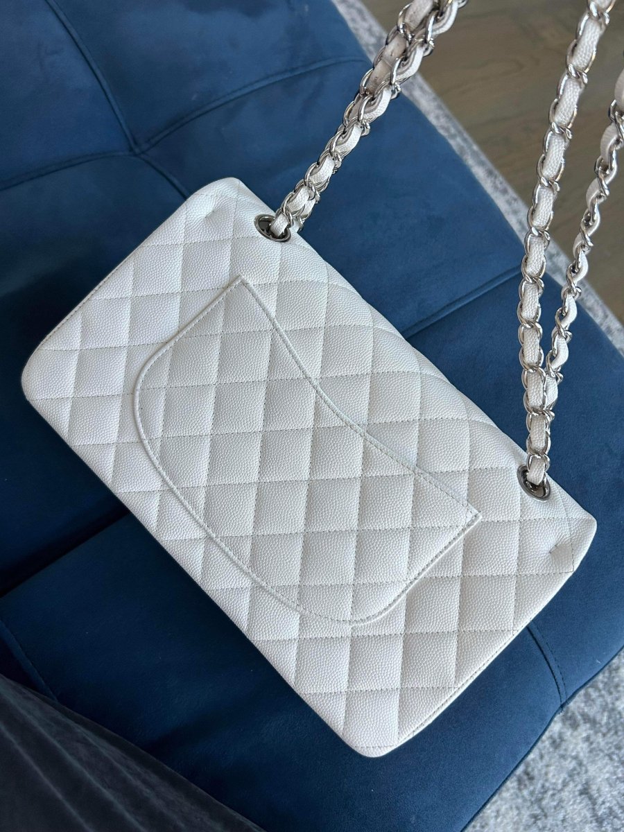 CHANEL 21K White Caviar Medium Double Flap Silver Hardware - Carly Julia Sells Stuff, LLC
