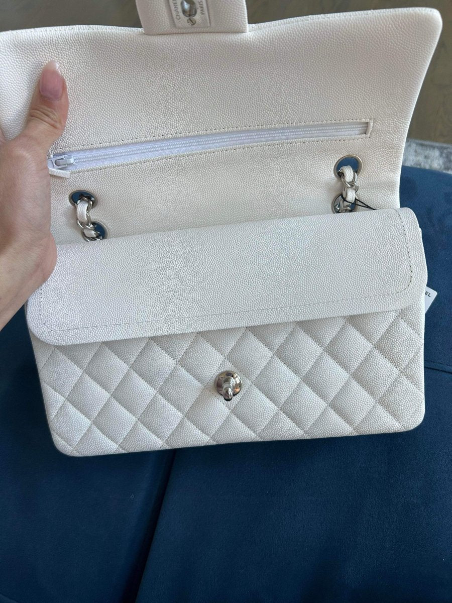 CHANEL 21K White Caviar Medium Double Flap Silver Hardware - Carly Julia Sells Stuff, LLC