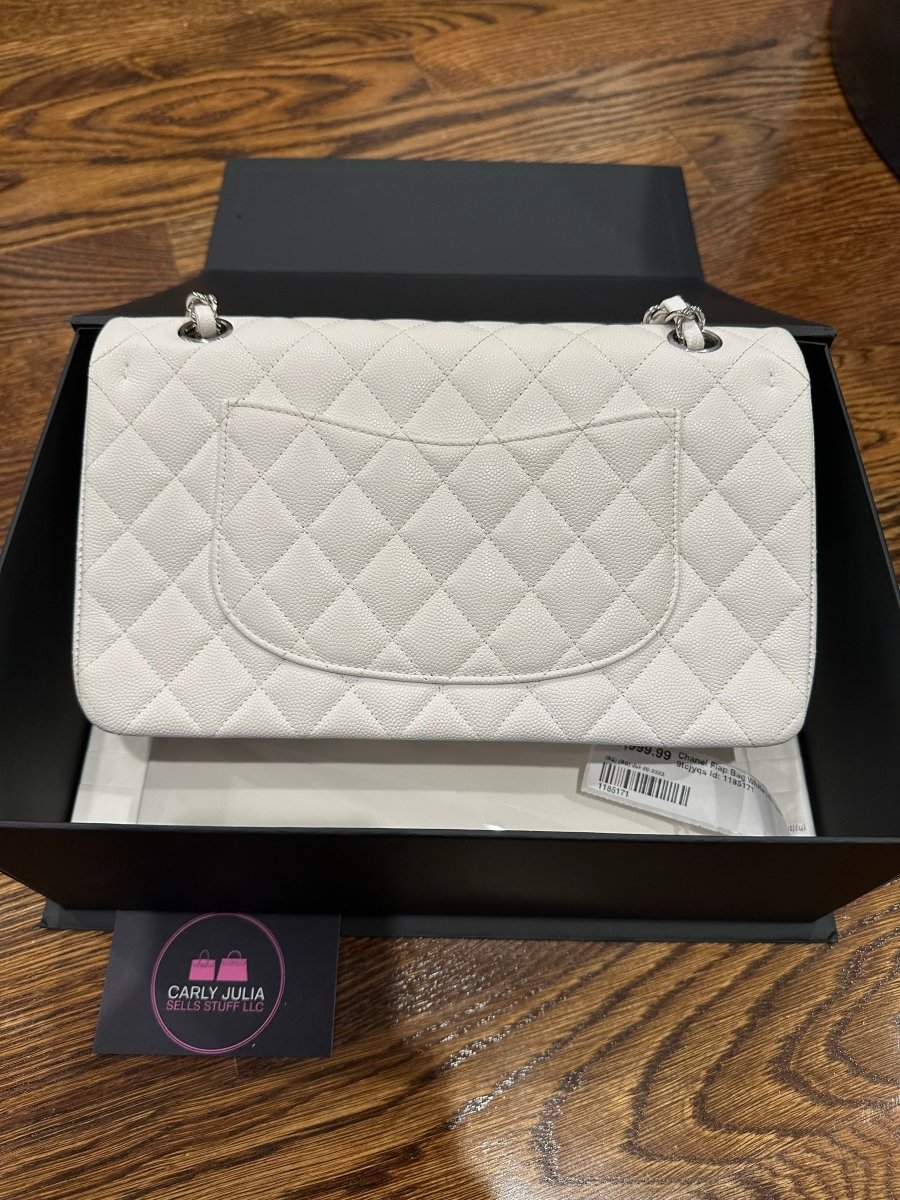 CHANEL 21K White Caviar Medium Double Flap Silver Hardware - Carly Julia Sells Stuff, LLC