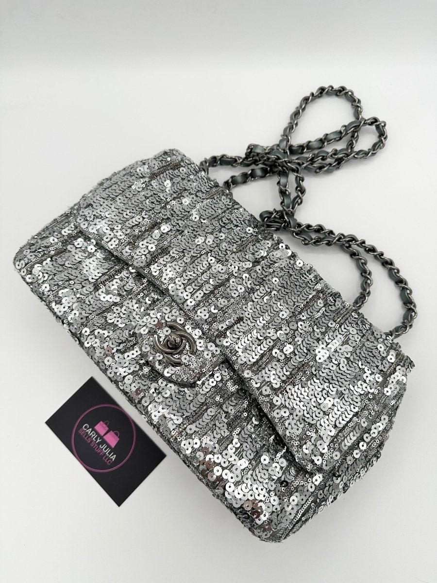 CHANEL Medium Silver Sequin Single Flap - Carly Julia Sells Stuff, LLC