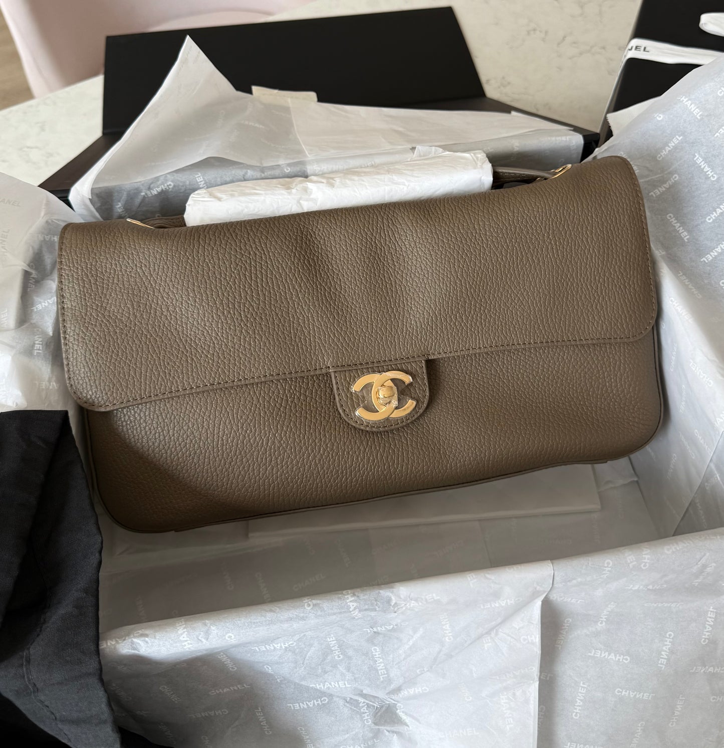 CHANEL 32cm Maxi Flap Bag Khaki GHW