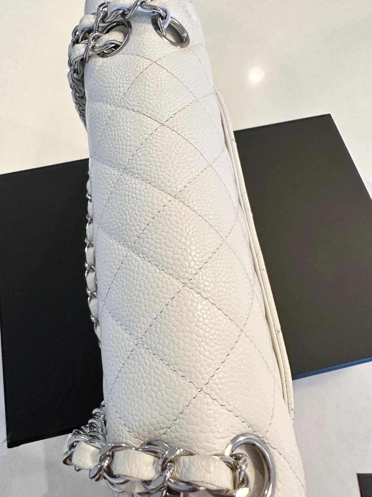 CHANEL Medium Caviar White Double Flap Silver Hardware