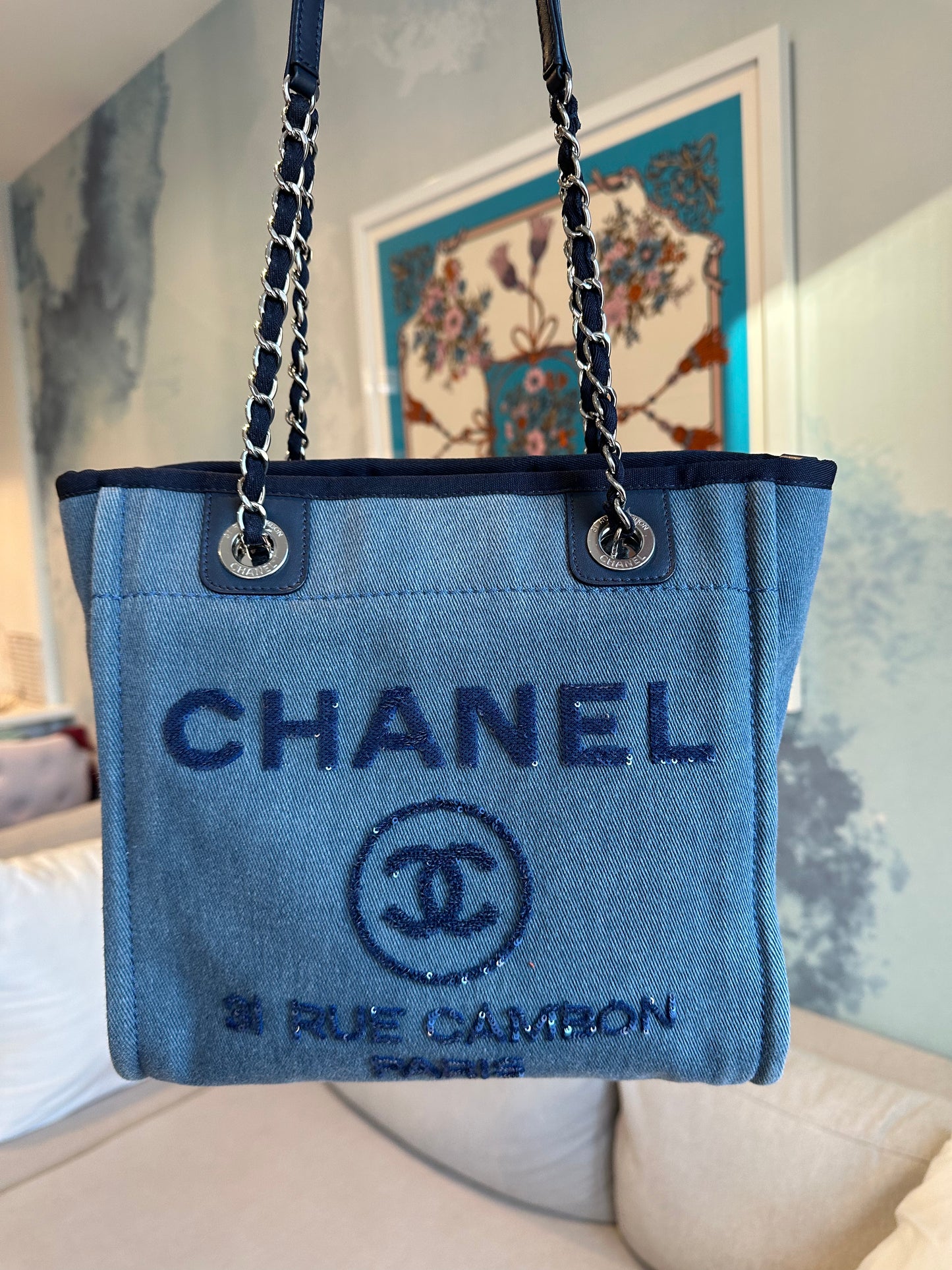 CHANEL Mini Denim Deauville Sequin Canvas Tote