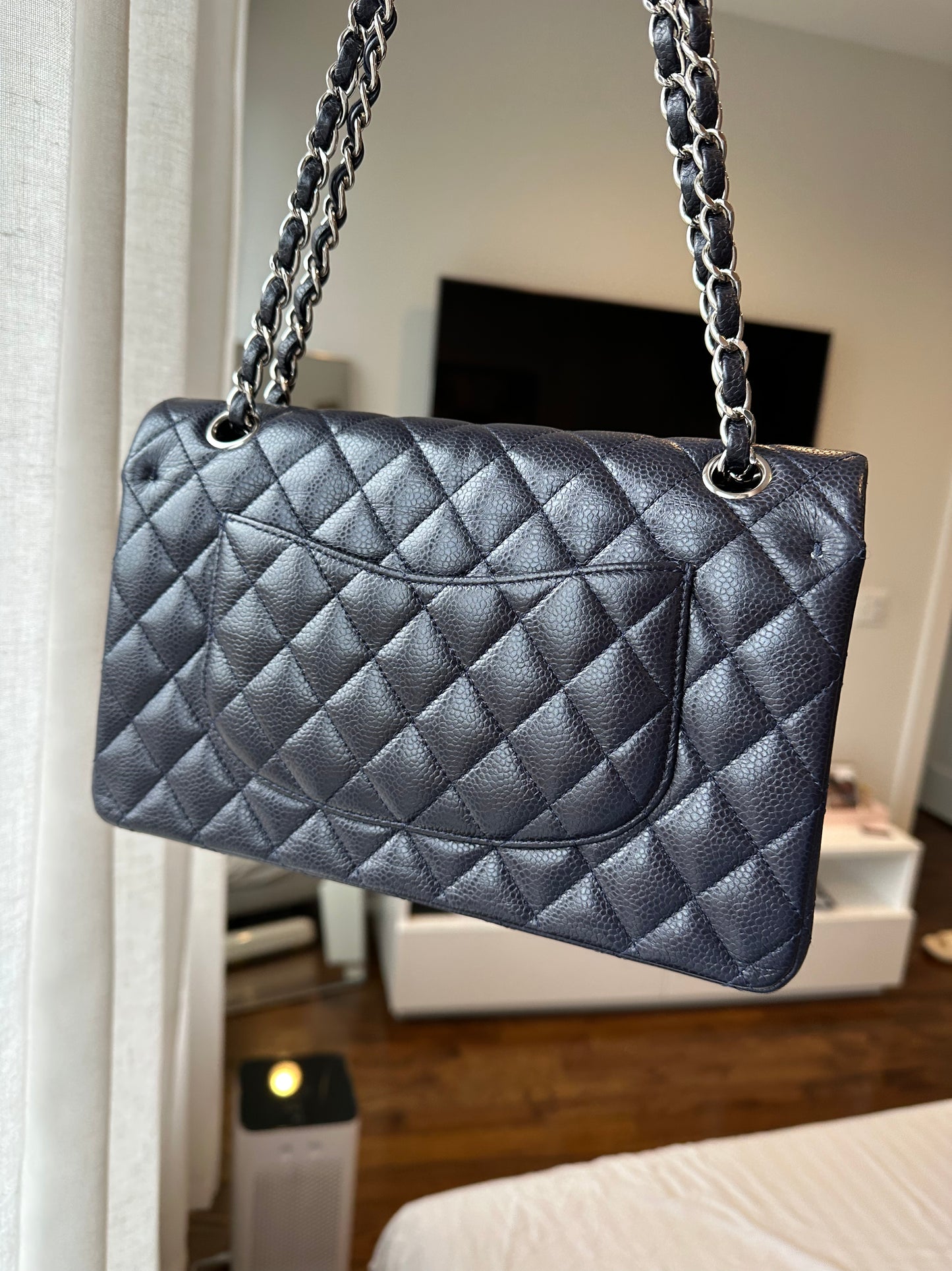 CHANEL Medium Navy Double Flap SHW