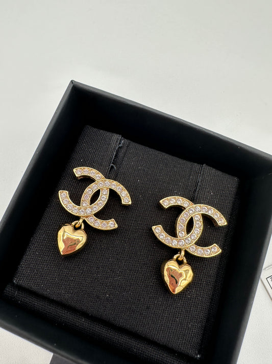 Chanel CC Crystal Heart Drop Earrings Gold Tone 23P