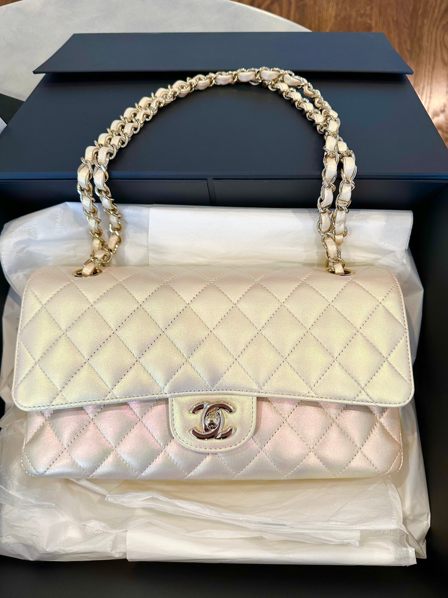 CHANEL Iridescent Medium Double Flap