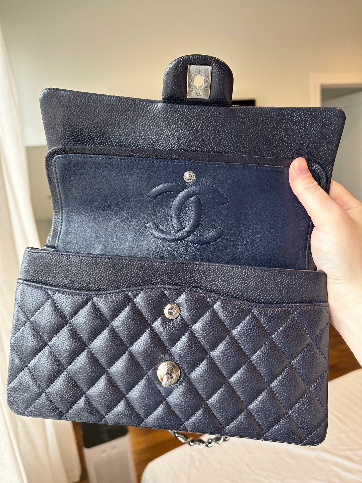 CHANEL Medium Navy Double Flap SHW