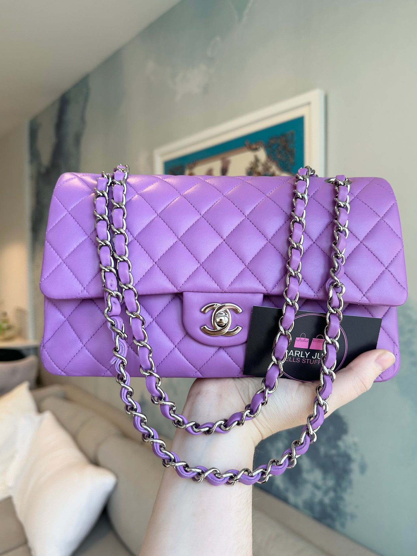 CHANEL Purple Lambskin Medium Double Flap