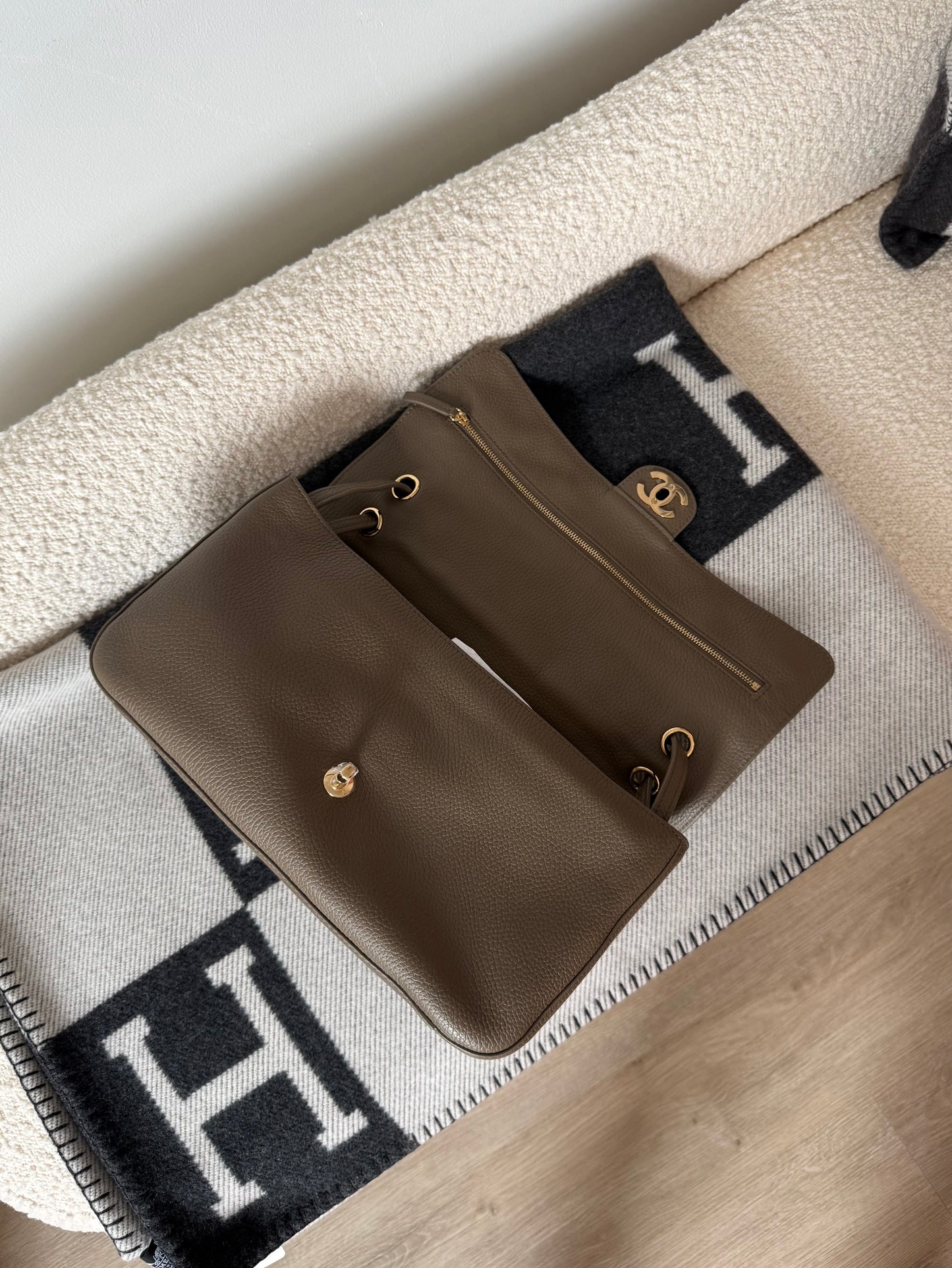 CHANEL 32cm Maxi Flap Bag Khaki GHW
