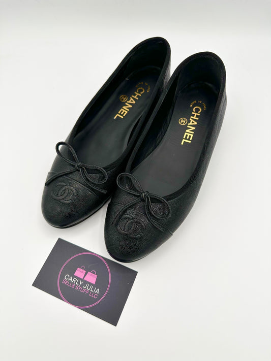 CHANEL Calfskin Black Ballet Flats 37
