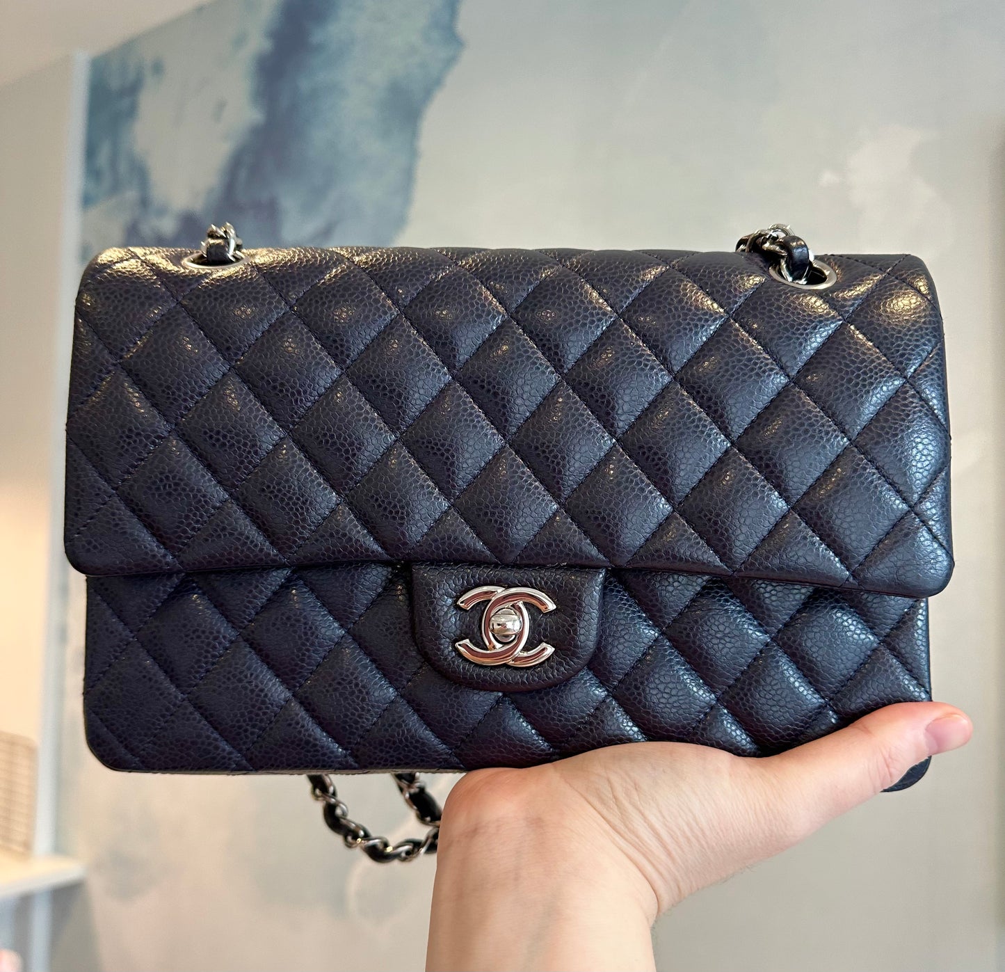 CHANEL Medium Navy Double Flap SHW