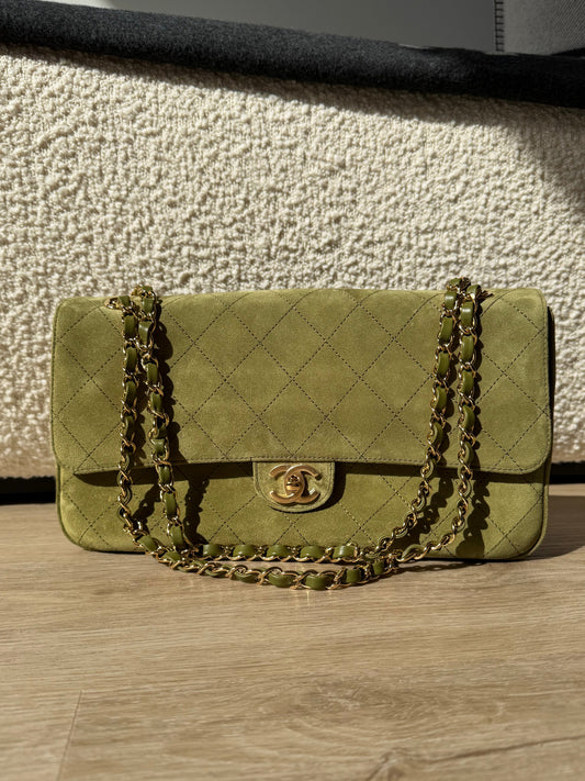 CHANEL Maxi "Souplissimo" Small Flap Bag Khaki Suede Gold Hardware