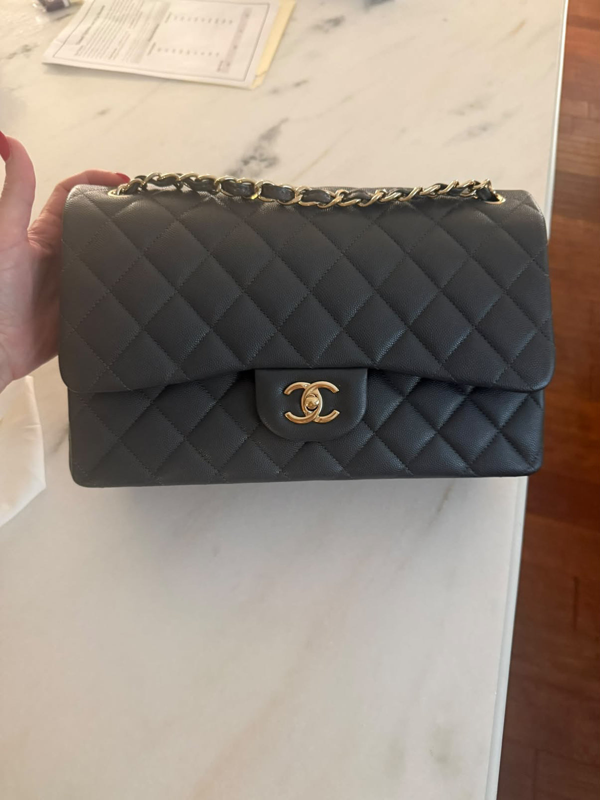 CHANEL Classic Jumbo Double Flap Caviar LGHW Dark Grey 21B