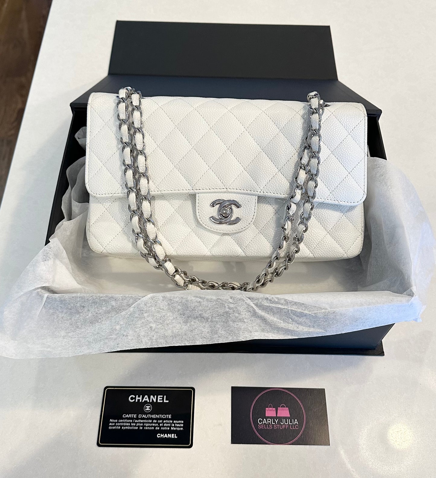 CHANEL Medium Caviar White Double Flap Silver Hardware