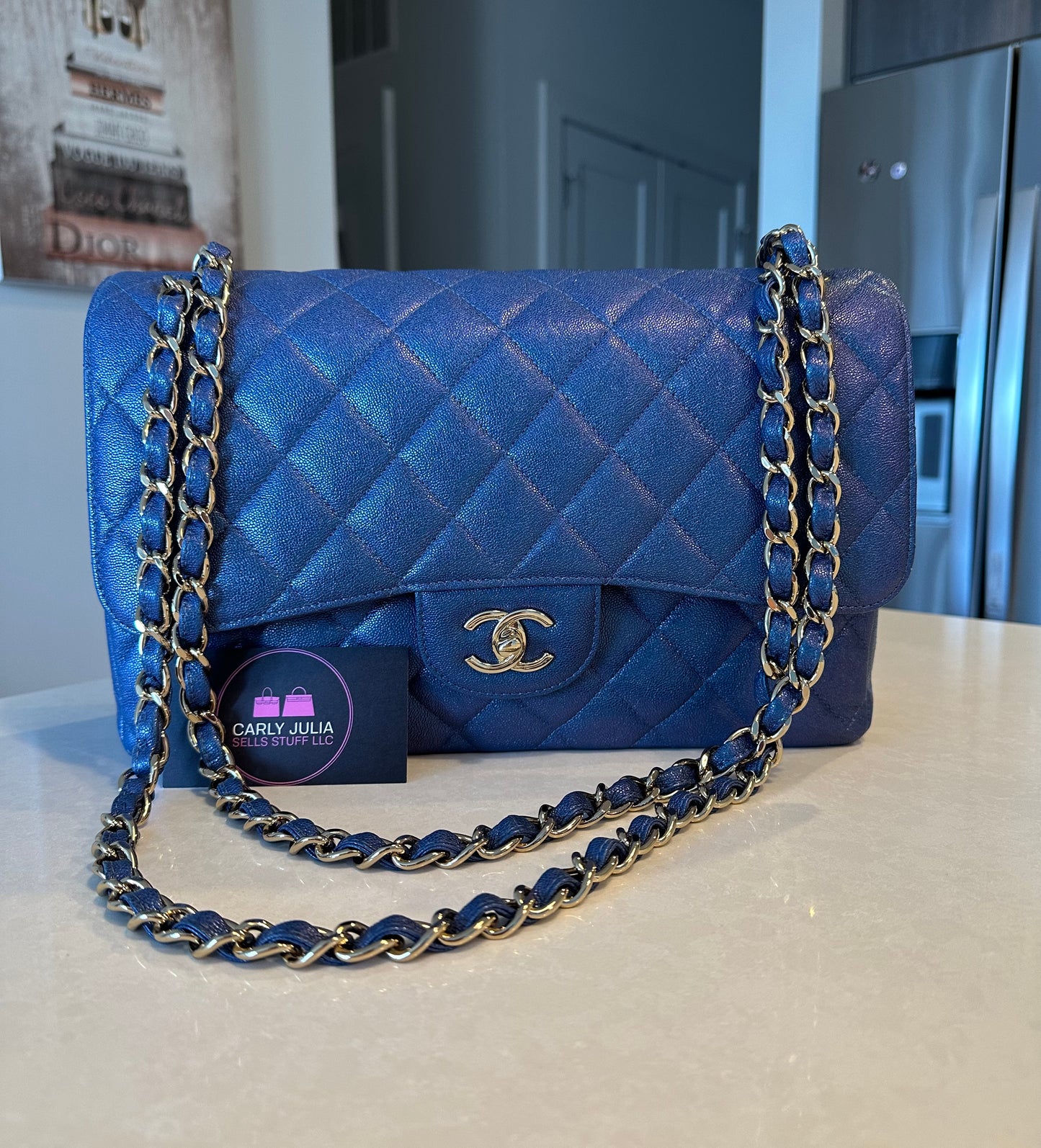 CHANEL 19S Glitter Blue Jumbo Flap