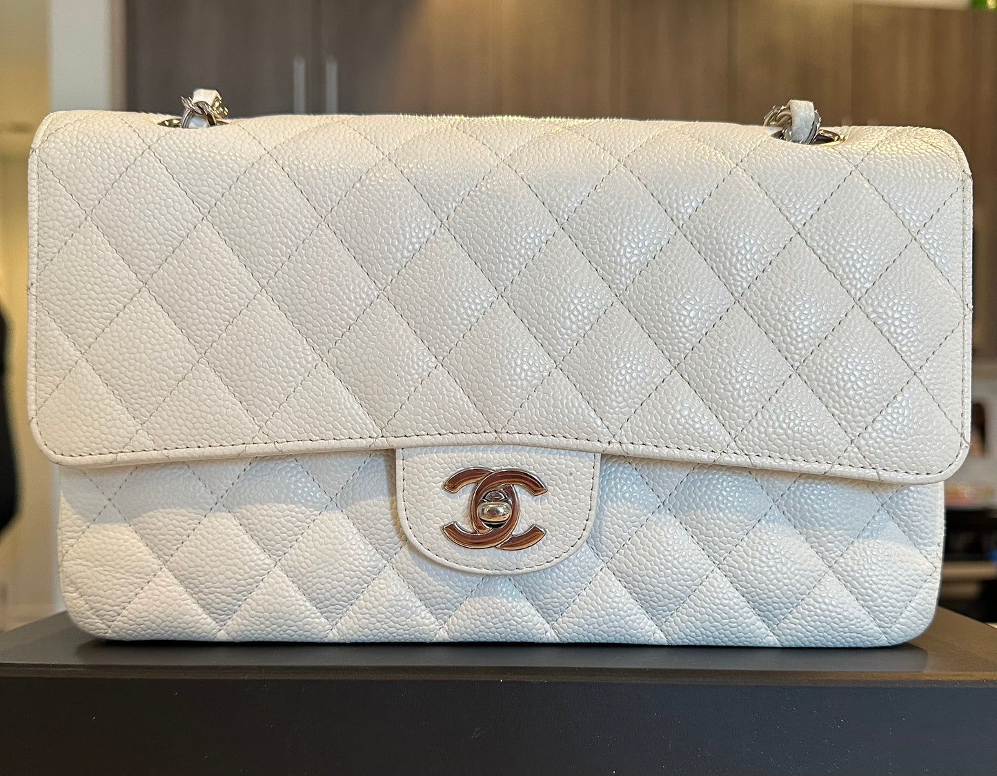 CHANEL Medium Caviar White Double Flap Silver Hardware