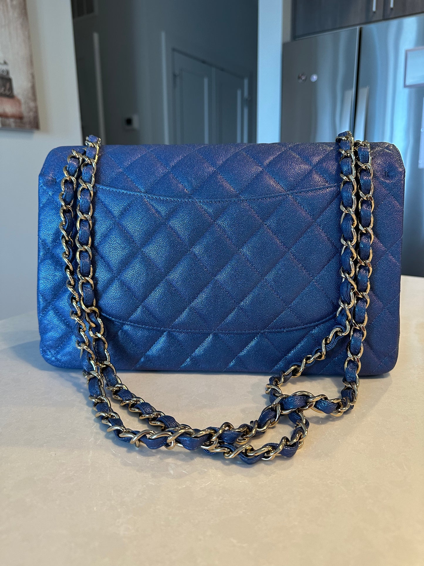 CHANEL 19S Glitter Blue Jumbo Flap