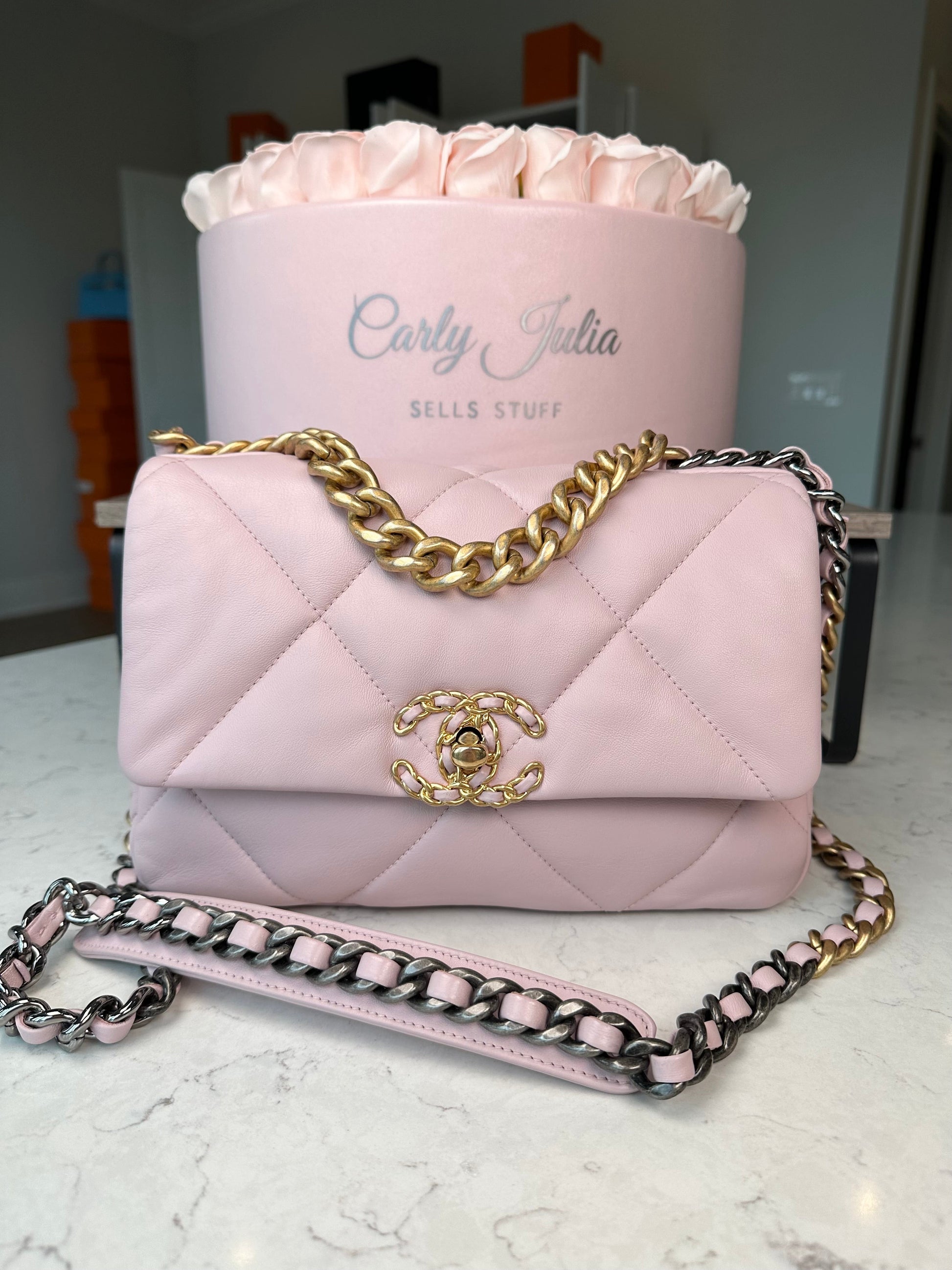 CHANEL 19 Light Pink Lambskin Crossbody - Carly Julia Sells Stuff, LLC