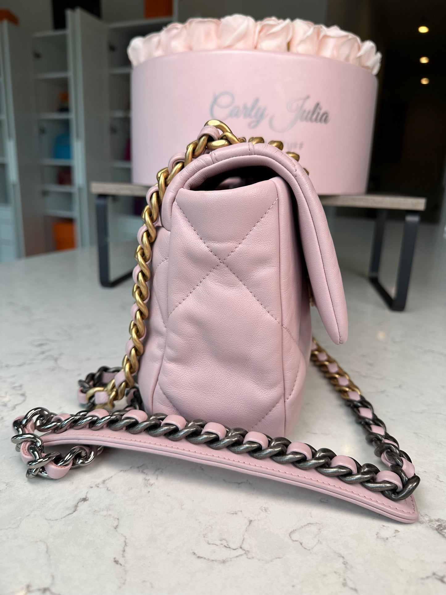 CHANEL 19 Light Pink Lambskin Crossbody - Carly Julia Sells Stuff, LLC