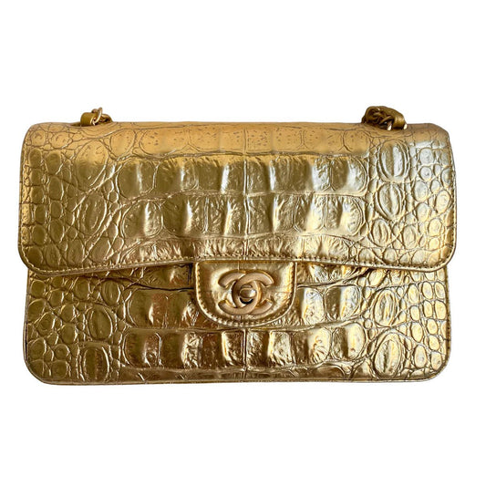 CHANEL 19A Gold Croc Embossed Calfskin Medium Classic Double Flap - Carly Julia Sells Stuff, LLC