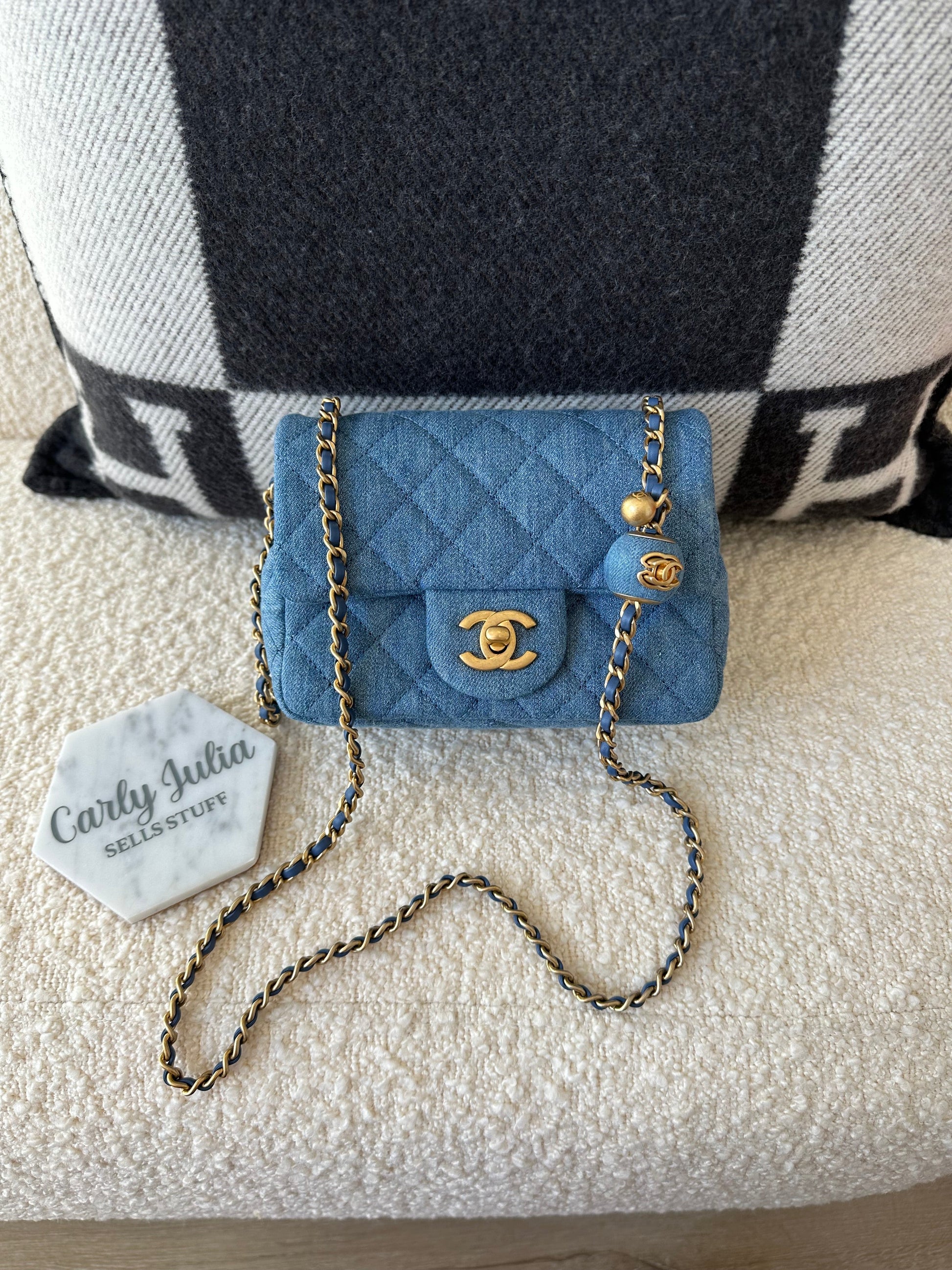 CHANEL 22C Denim Quilted Mini Pearl Crush Flap Blue - Carly Julia Sells Stuff, LLC