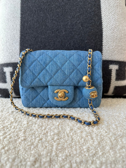 CHANEL 22C Denim Quilted Mini Pearl Crush Flap Blue - Carly Julia Sells Stuff, LLC