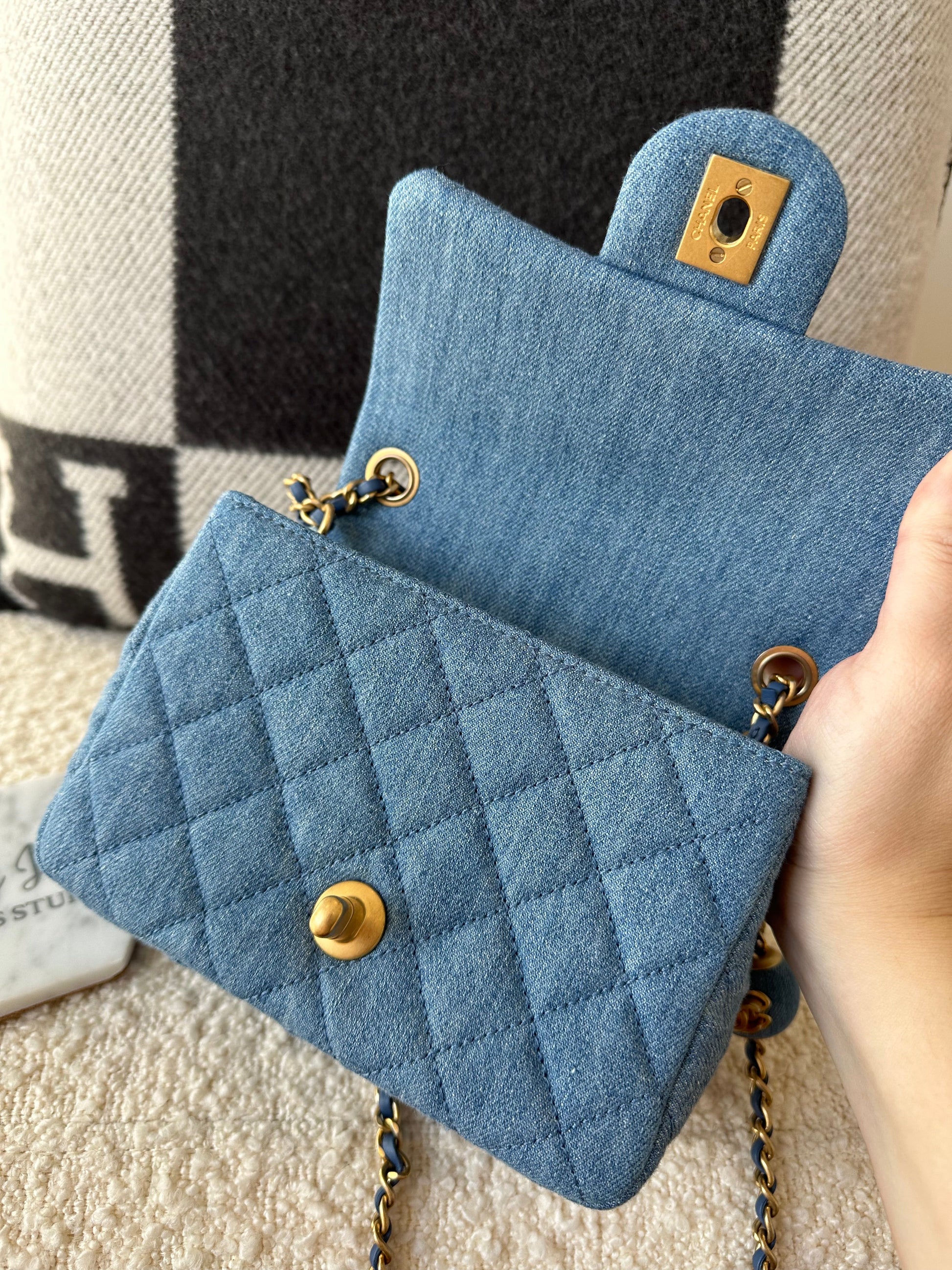 CHANEL 22C Denim Quilted Mini Pearl Crush Flap Blue - Carly Julia Sells Stuff, LLC