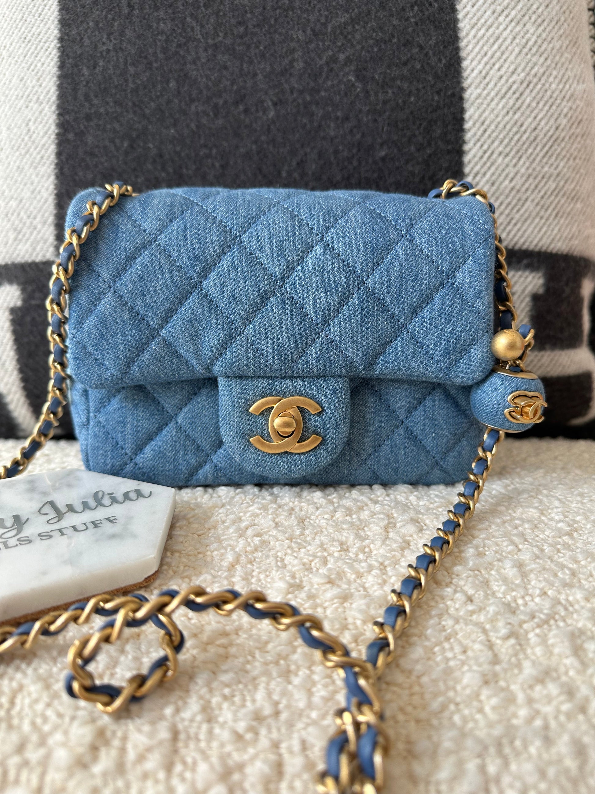 CHANEL 22C Denim Quilted Mini Pearl Crush Flap Blue - Carly Julia Sells Stuff, LLC