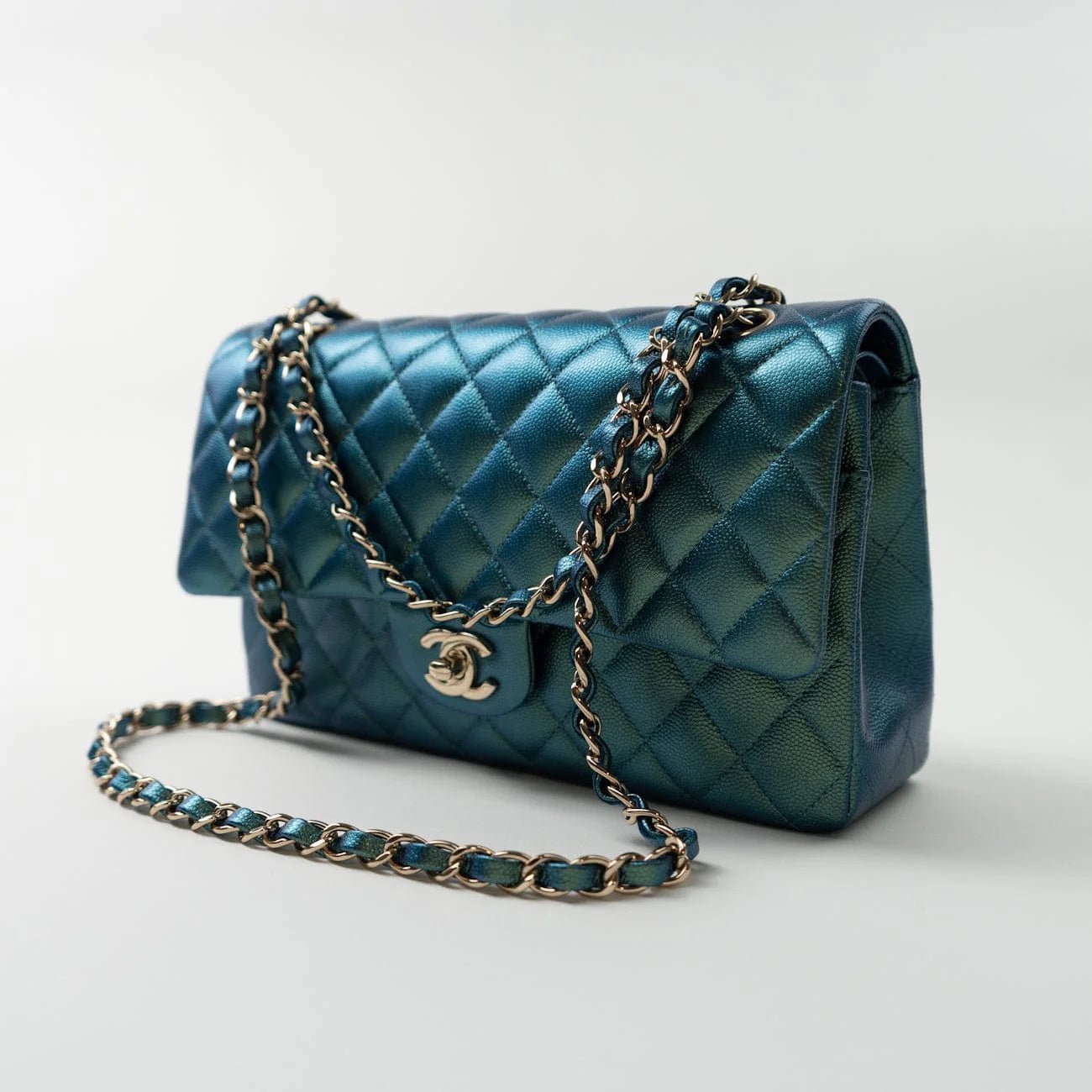 CHANEL 22P Iridescent Green Turquoise Medium Classic Flap - Carly Julia Sells Stuff, LLC